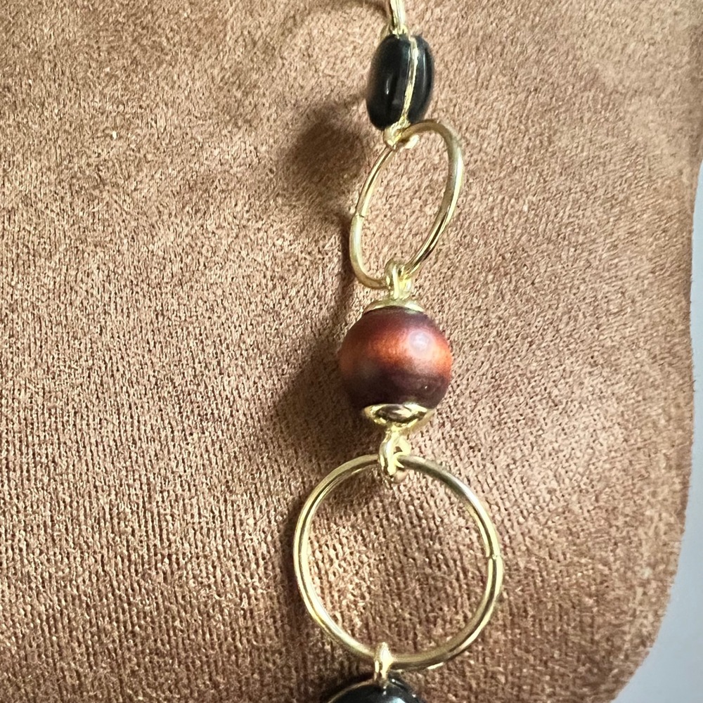 Chico's Long Gold Tone Wood and Black Bead Station Necklace 45" Eclectic - Picture 2 of 4